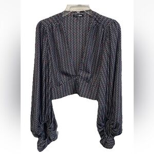 Fashion Nova Women's Deep V Button Cropped Balloon Sleeve Top Flirty Sz Med